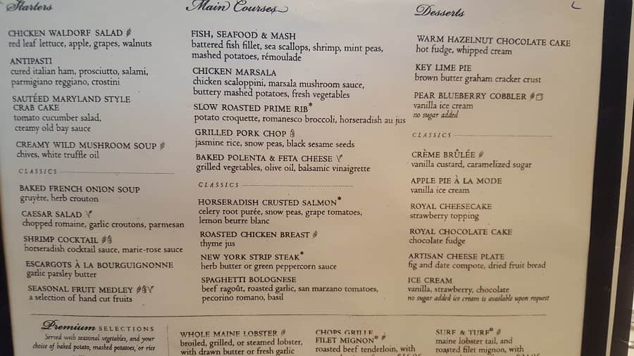 Mariner of the Seas Menu