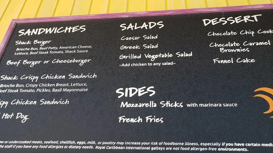 Snack Shack Menu at Coco Cay